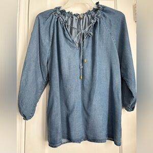 Alex & Parker Chambray Denim Tie-Neck Blouse with Balloon Sleeves, size: Large